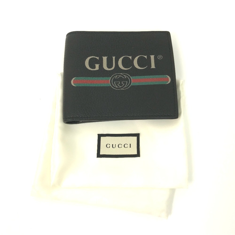 GUCCI 496316 Printed Compact Wallet Bi-fold Leather Men's Black E-240626-5 - Picture 1 of 13